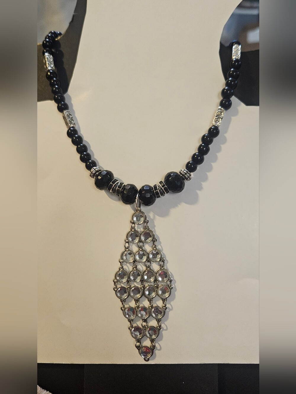 Handmade Black Beaded Necklace with Silver Upcycled Crystal Teardrop Pendant